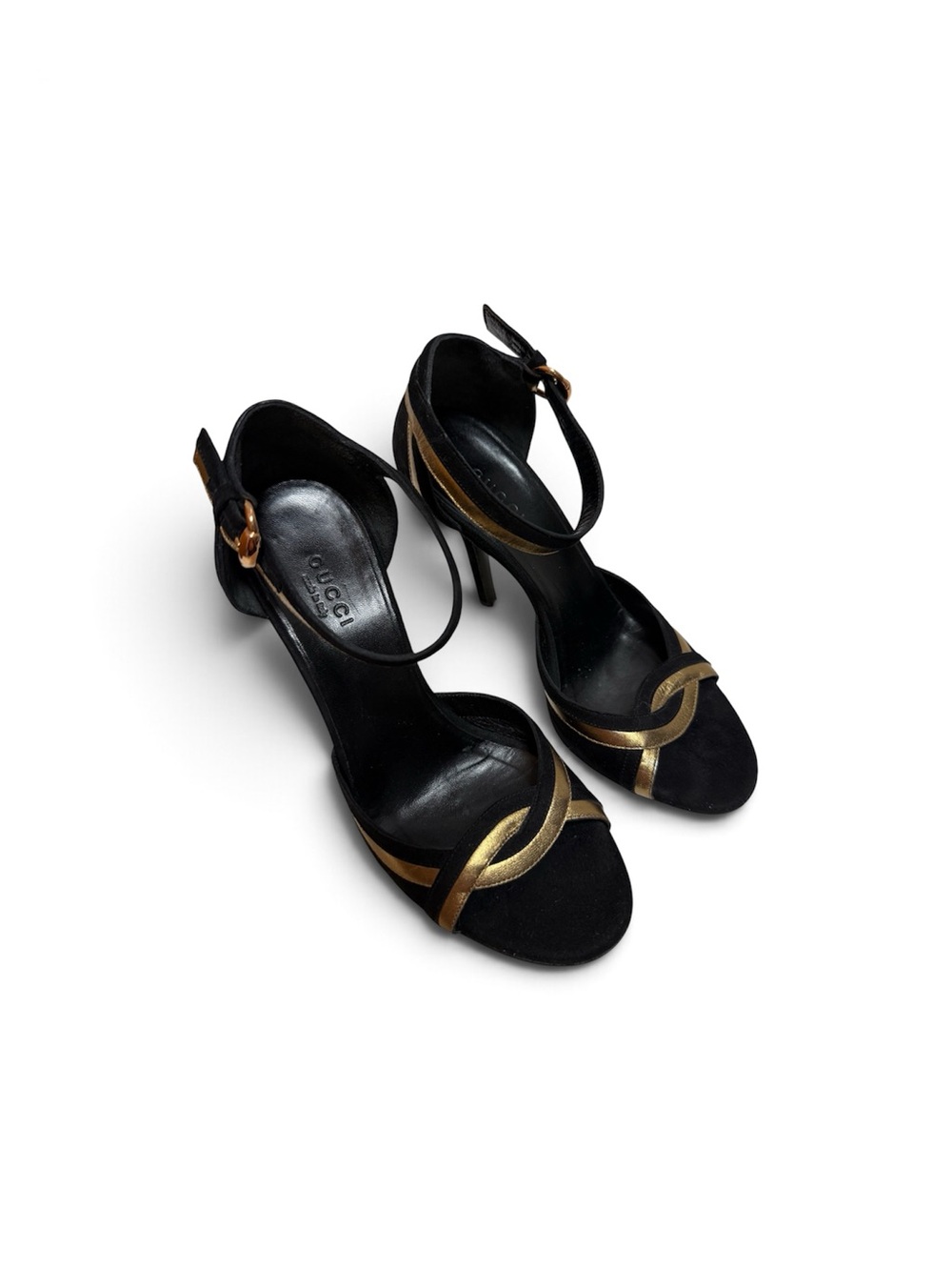 100% Authentic GUCCI Women's Castello high heels ankle strap with black and gold